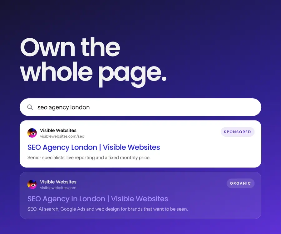 Illustration of a search results page where Visible Websites holds both the sponsored and the organic result