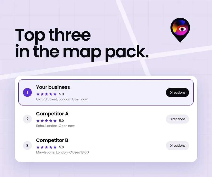 Illustration of a Google map pack with your business in first place